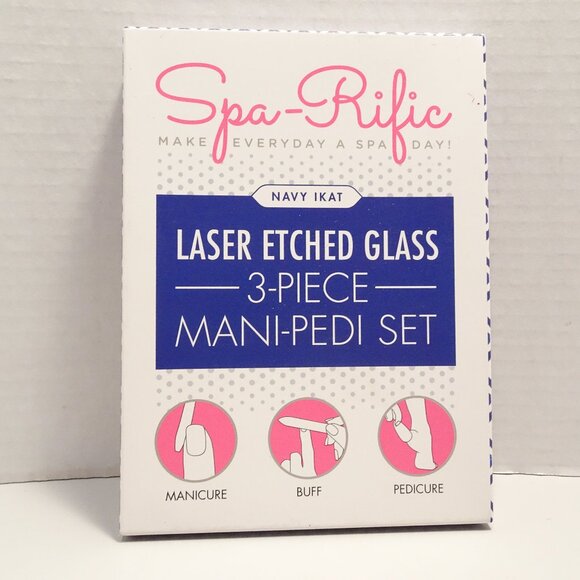 Spa-Rific Navy Ikat Laser Etched Glass 3 Piece Mani- Pedi Set New in box - Picture 1 of 2